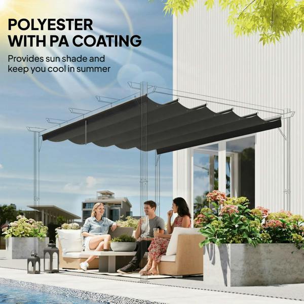 Dark grey retractable pergola canopy fabric over patio seating area