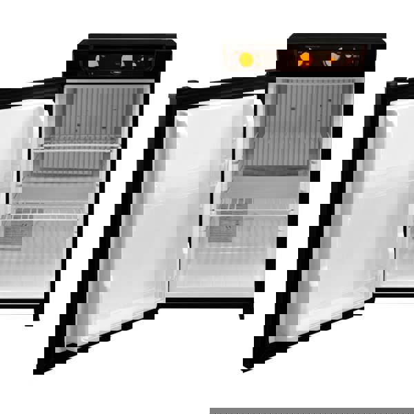 Compact 3-way absorption fridge with a sleek black exterior, featuring a spacious white interior, adjustable shelves, and clear storage compartments