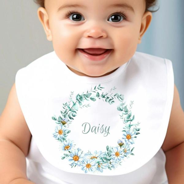 Personalised Daisy Floral Circle Baby Grow, Vest or Bib with Name