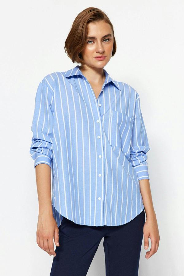 WOVCOR Oversized Single Pocket Long Sleeve Boyfriend Shirt