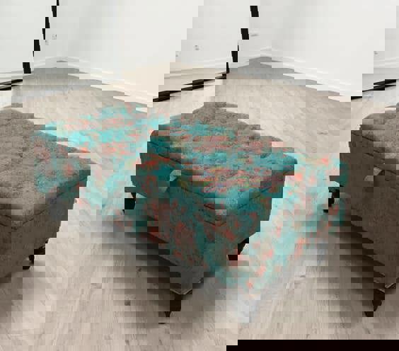 ISTOOLS Premium Teal Blue Floral Chenille Footstool – Luxury Comfort UK