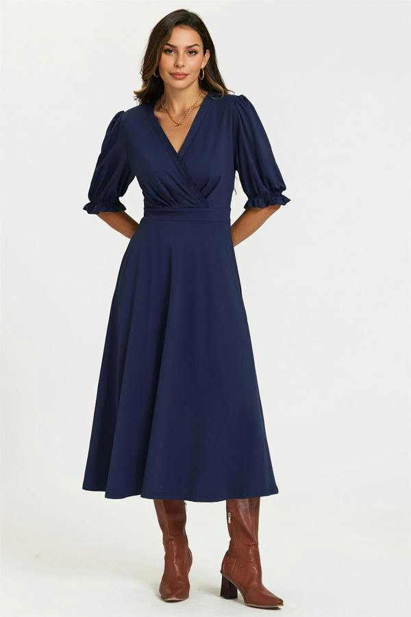 FS Collection Half Sleeves Jersey Midi Dress with Wrap Neckline In Navy
