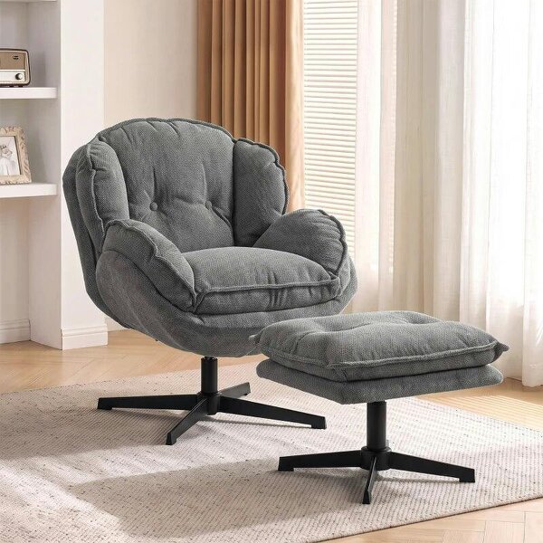 Armchair with Adjustable Footstool, 360-Degree Swivel Chenille Cloud Accent Chair with Thick Cushion, Steel Base, Grey