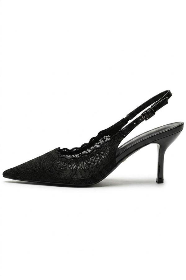 Saoirse Pointed Toe Lace Slingback Heels - Black_wb