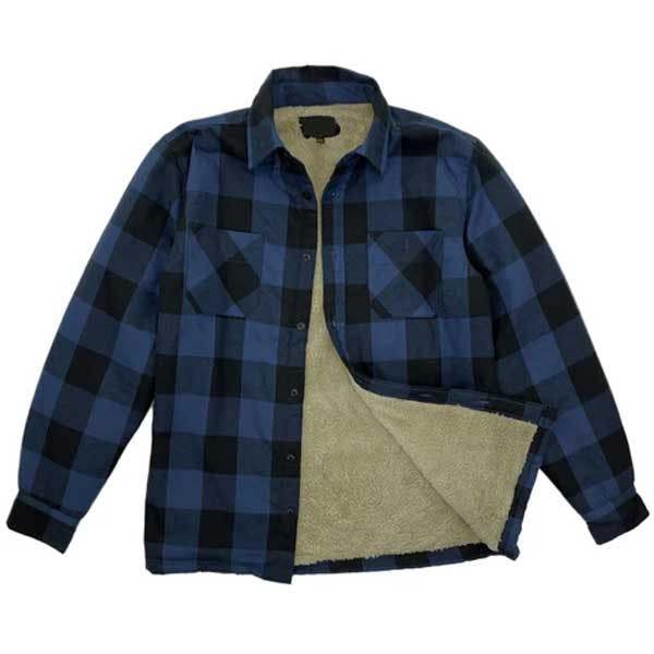Mens sherpa fleece lined lumberjack shirt in blue check warm winter shirt for cold conditions