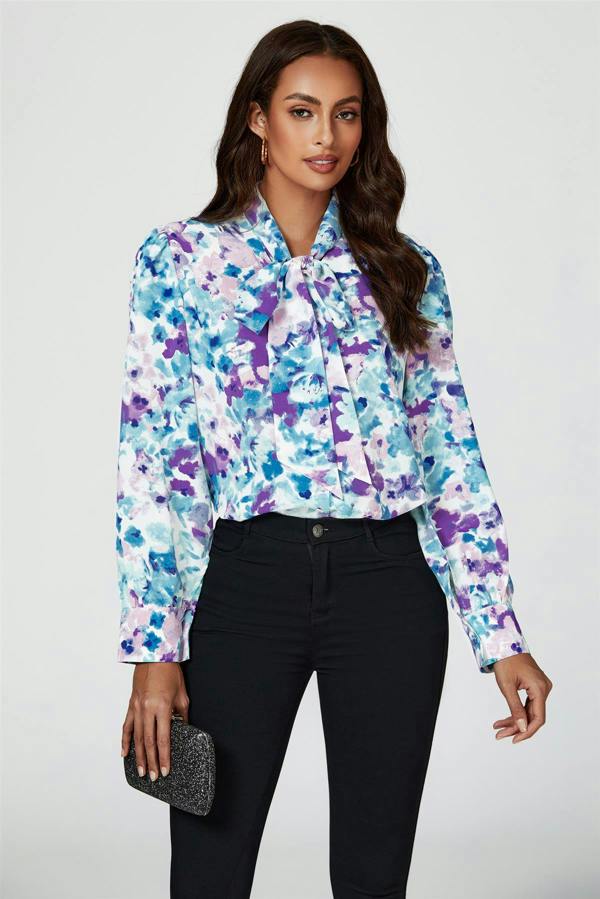 FS Collection Abstract Floral Print Tie Detail long sleeve Blouse Top In Blue