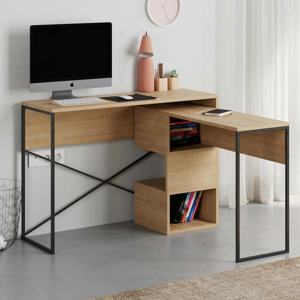 Decortie Modern Badau L-Shaped Computer Desk Metal Legs 3 Adjustable Storage Shelf Extra Table 110cm(W) Work PC Office