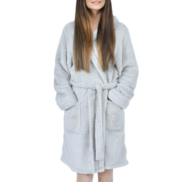 Smart Living Women's Faux Fur Fleece Hooded Bathrobe- Grey
