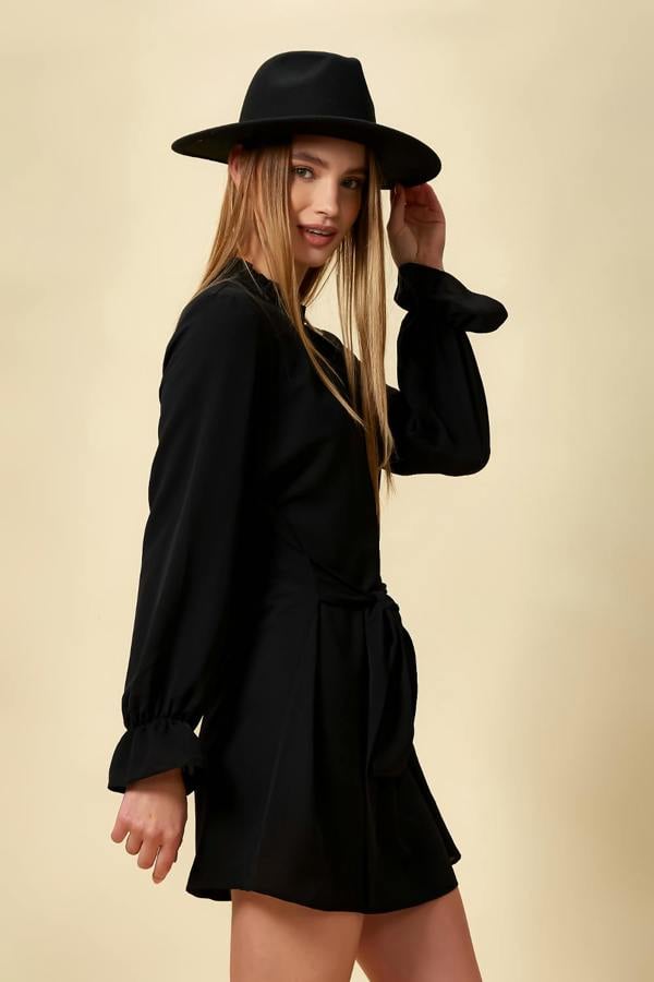 Hoxton Gal Tie Ruffle Neck with Tie Waist Detailed Top in Black