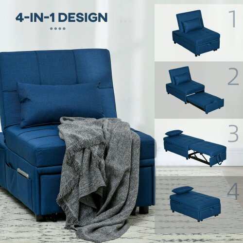 Wyld Haus Leve Fabric Blue 4 In One Convertible Chair Bed With Adjustable Back Side Pocket Wheels And Pillow