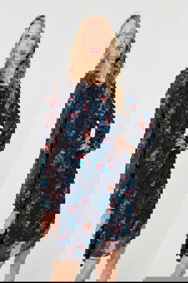 Blue | Floral Layered Long Sleeve Short Dress
