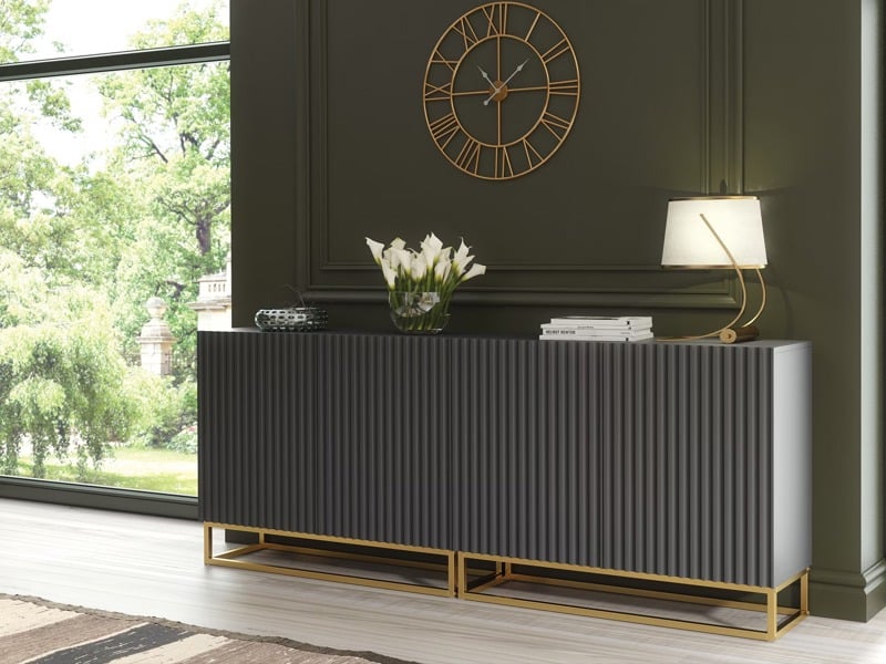 Mex Furniture Sophisticated Grey Sideboard with Fluted Fronts & Gold Legs – 200cm Storage Unit