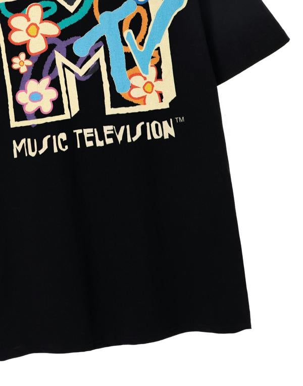 MTV Unisex Black Flowers Short Sleeved T-Shirt