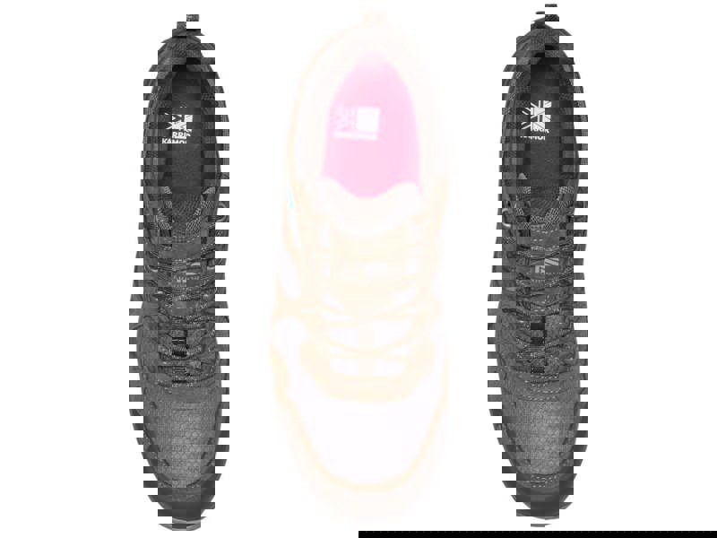 Karrimor Bodmin Low 6 Mens Walking Hiking Trekking Trainers, top view of a brown and grey hiking shoe with red interior.