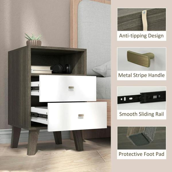 Grey bedside table with two drawers, metal stripe handles and anti-tipping feet