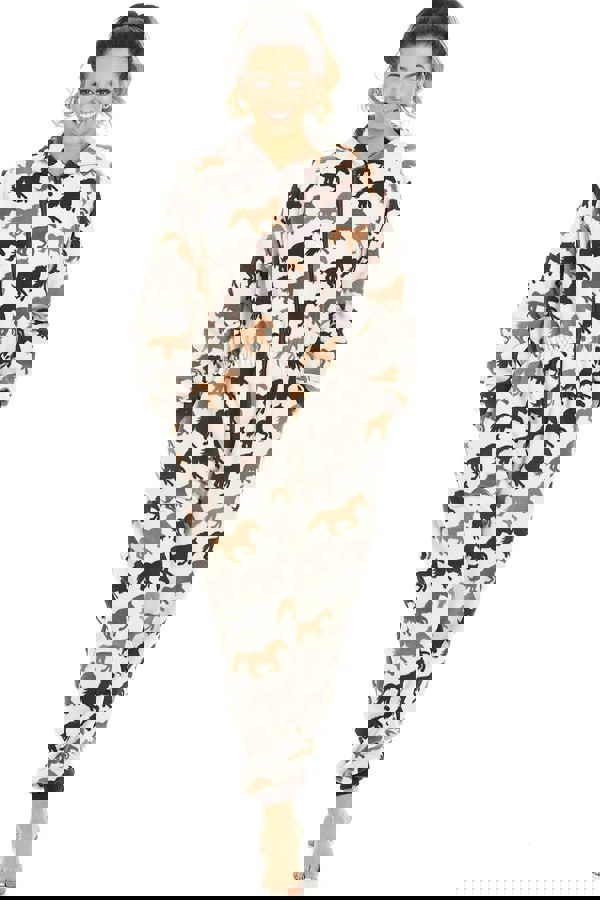 Camille Womens Supersoft Fleece Cream Horse Print All In One