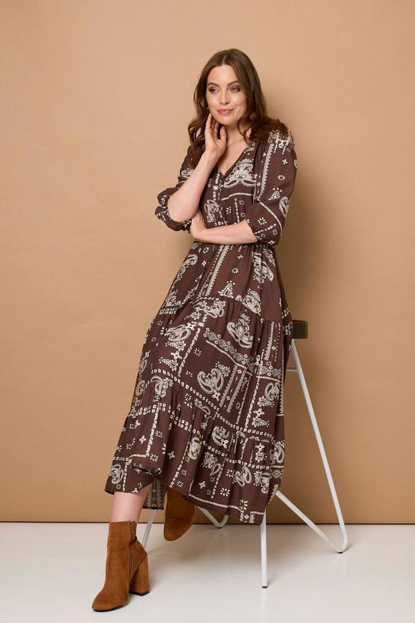 Brown | Printed 3/4 Sleeve Tie Maxi Dress