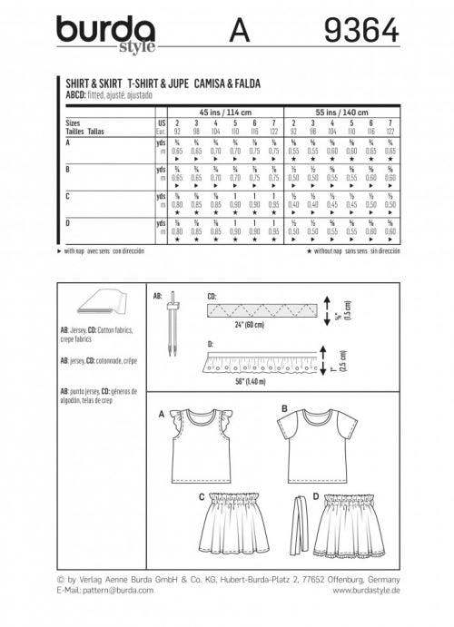 Burda Sewing Pattern 9364 Skirts and Tops For Kids, 2-7 Years - Easy