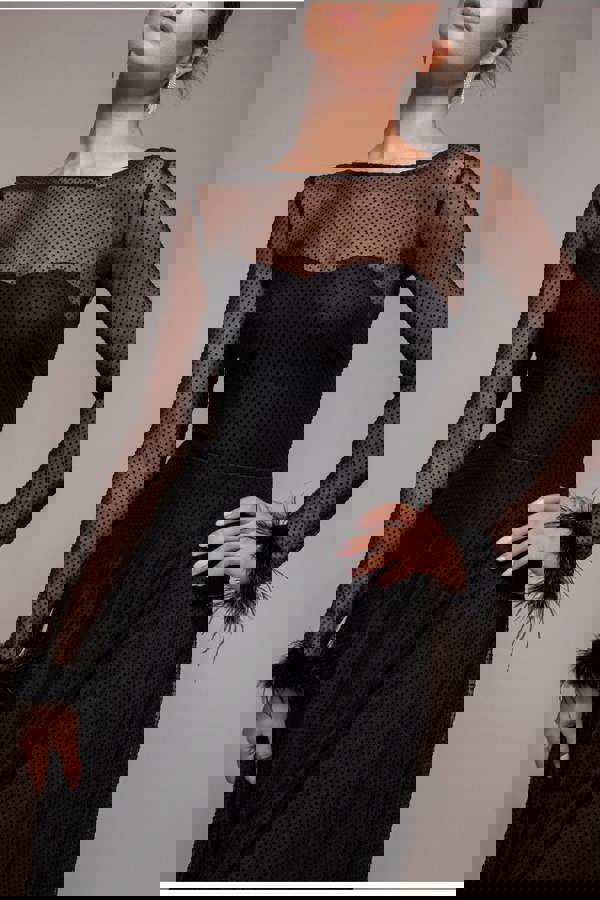 Dobby Mesh Feather Sleeve Hem Maxi Dress - Black DR4046