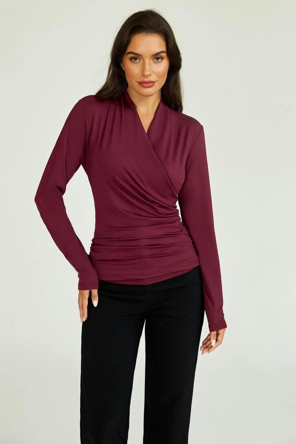 FS Collection Long Sleeve Wrap Neck Ruched Top In Wine