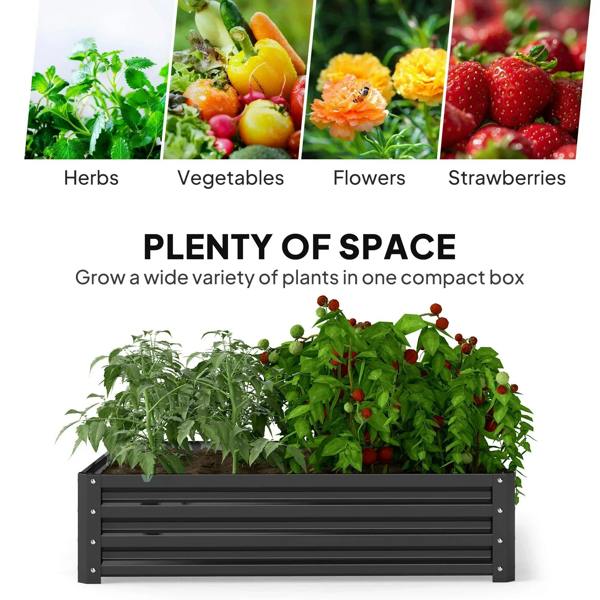 Raised garden bed box with dark metal frame, filled with herbs and vegetables