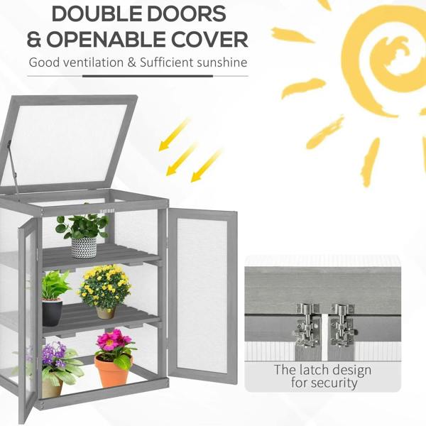 Double-door greenhouse with openable top cover and transparent paneling for plant ventilation