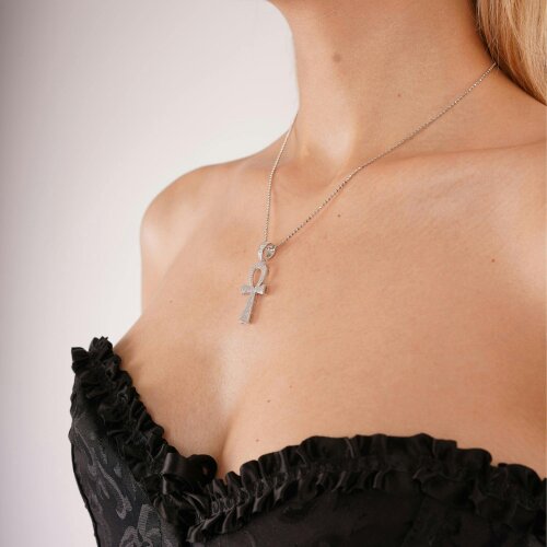 Spero London Sterling Silver Large Pave Ankh Pendant Necklace