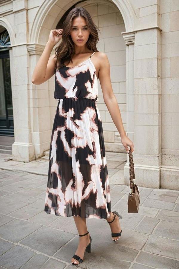 Lucy Printed Strappy Pleated Midi Dress - Black