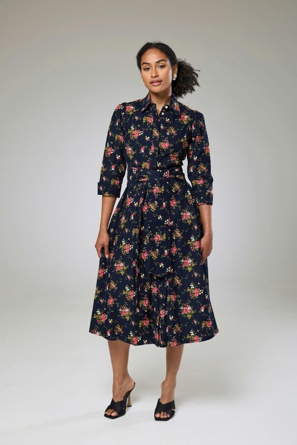 Isha's Timeless collection Navy Flora Cord Long Sleeve Dress