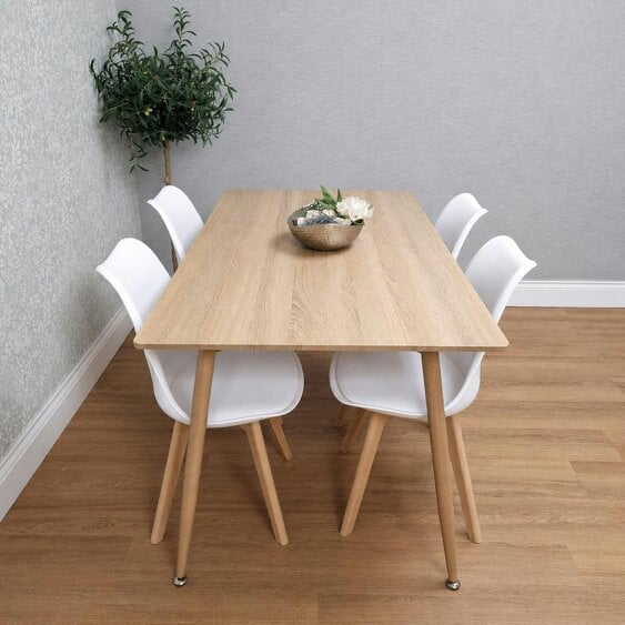 KOSY KOALA 4 Seater Modern Dining Table 140cm with Wood Effect Metal Leg and 4 White Chairs for Kitchen & Dining Room Furniture Set