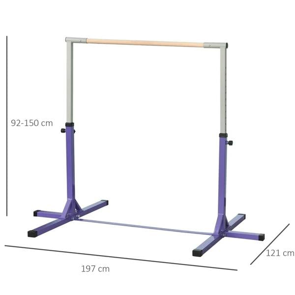 Purple adjustable horizontal gymnastics bar frame with height range measurements