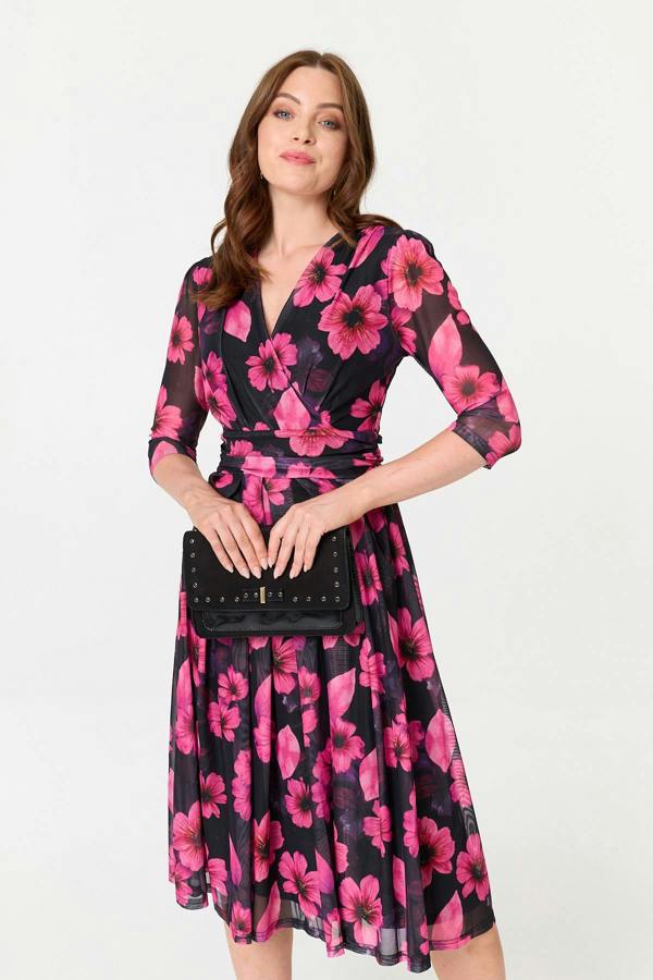 Black | Floral Pleated V-Neck Wrap Midi Dress