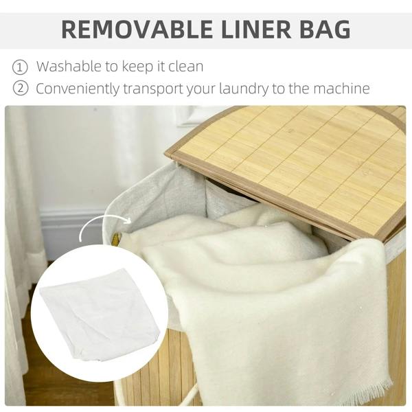 Natural bamboo laundry basket with lid and removable washable gray inner liner