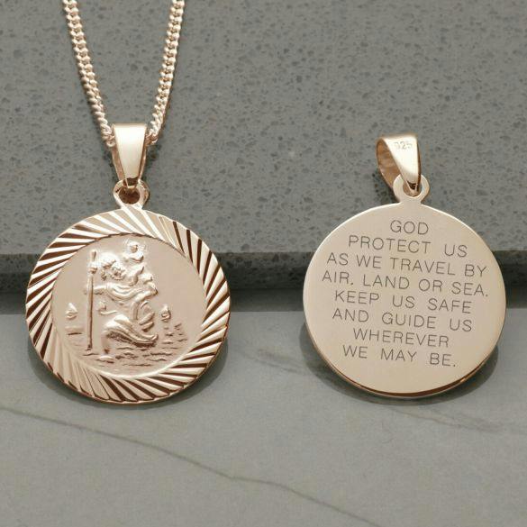 Christopher James of London 9ct Rose Gold Plated 20mm Diamond Cut St Christopher Pendant With Travellers Prayer and Optional Chain