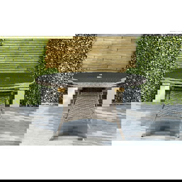 135cm Round 6 Seater Garden Dining Table - Rattan Wicker Brown & Glass Outdoor - LoopsDirect