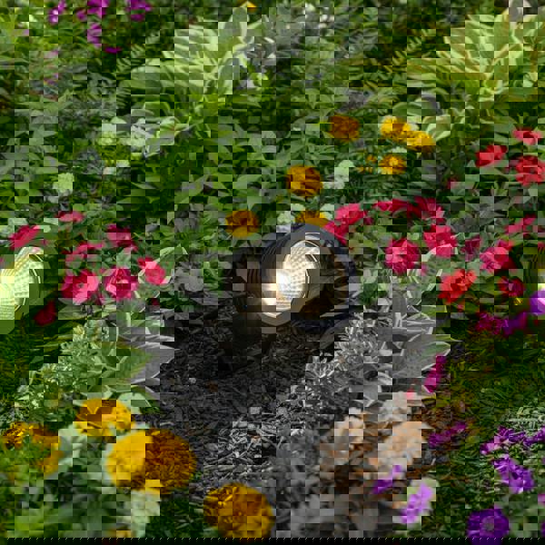 black spike spotlight on the ground in a garden border 
