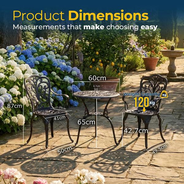 Homeology BANGUI Black Garden and Patio Table and 2 Large Chairs with Armrests Cast Aluminium Bistro Set