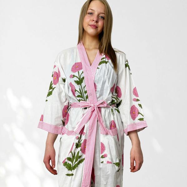 Hayley & Co White and Pink Flower Print 100% Cotton Dressing Gown