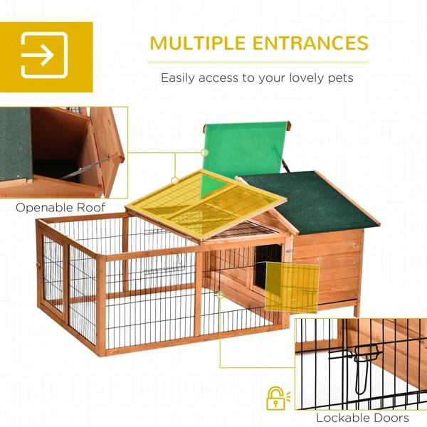 Wooden pet hutch with multiple entry openings, openable roof, and lockable doors