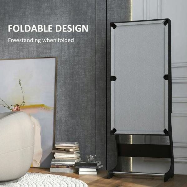 Folded grey folding pool table with upright side panel and black frame on the floor.