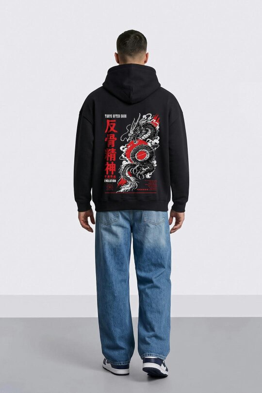 London Attitude Oversized Tokyo After Dark Graphic Hoodie in Black