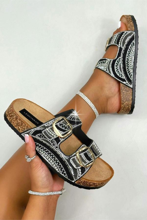 Love Lemonade Sparkly Seaside Luxe Double Buckle Sliders Black