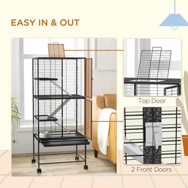 Charcoal grey multi-level cage with top door and two front doors for access