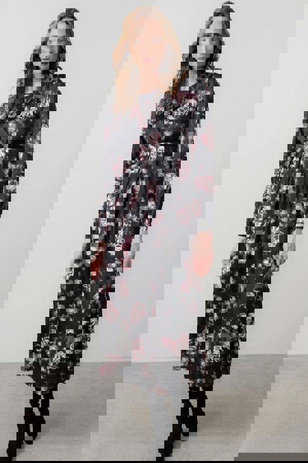 Lily & Me Celia Floral Print Satin Midi Dress Black