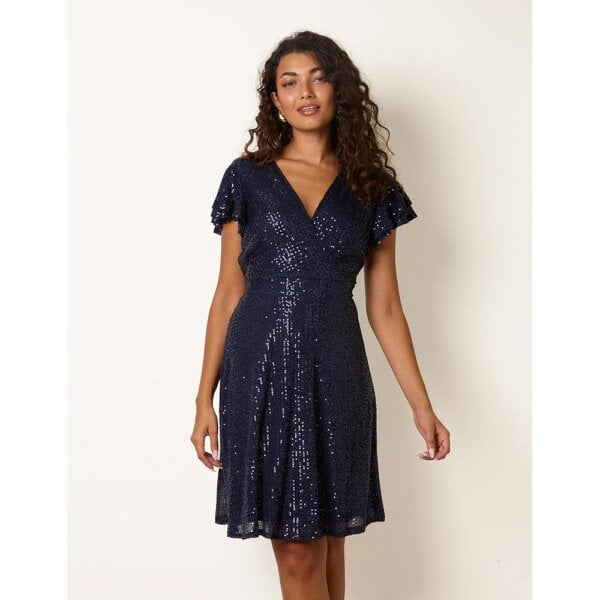 Blue Vanilla Sequin Wrap Double Frill Sleeve Dress