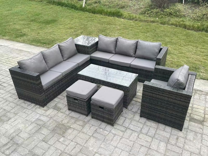 Fimous 9 Seater Rattan Corner Sofa Set With Square Side Table And Oblong Rectangular Coffee Tea Table Arm Chair 2 Stools Dark Grey Mixed