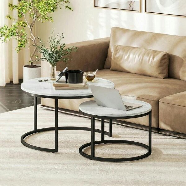 Set of Two Marble-Effect Stacking Tables - White - Marble White