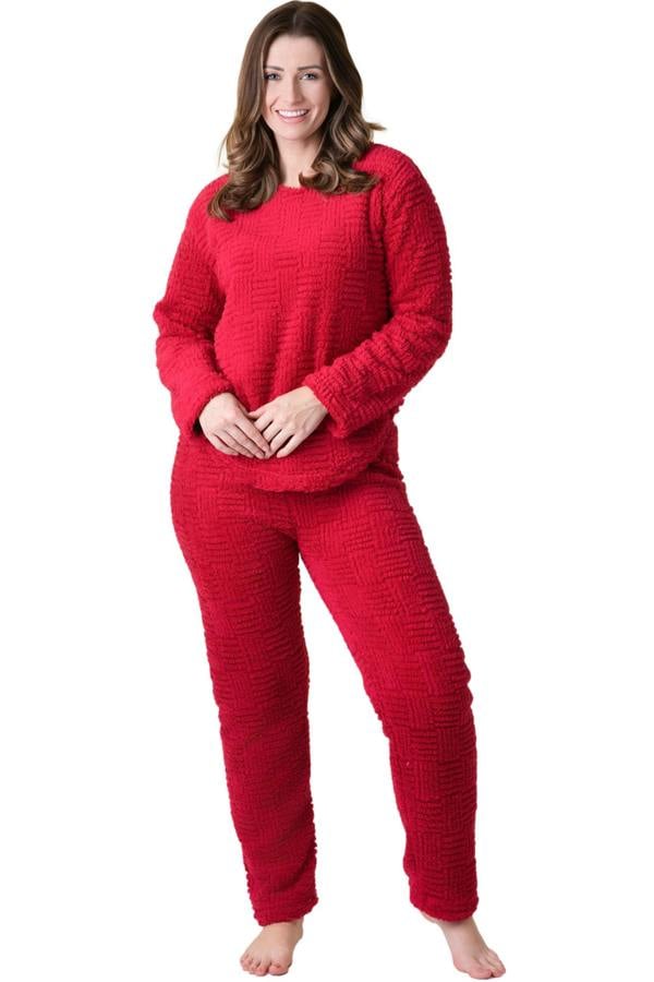 Camille Womens Supersoft Nude Textured Fleece Pyjamas with a Woven Pattern & Rope Detailing