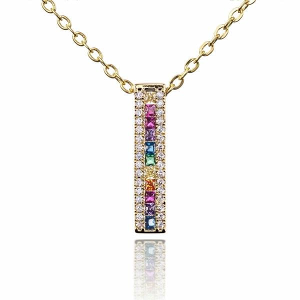 Gold Rainbow Bar Pendant Necklace with Coloured Zirconia Stones - namana.london