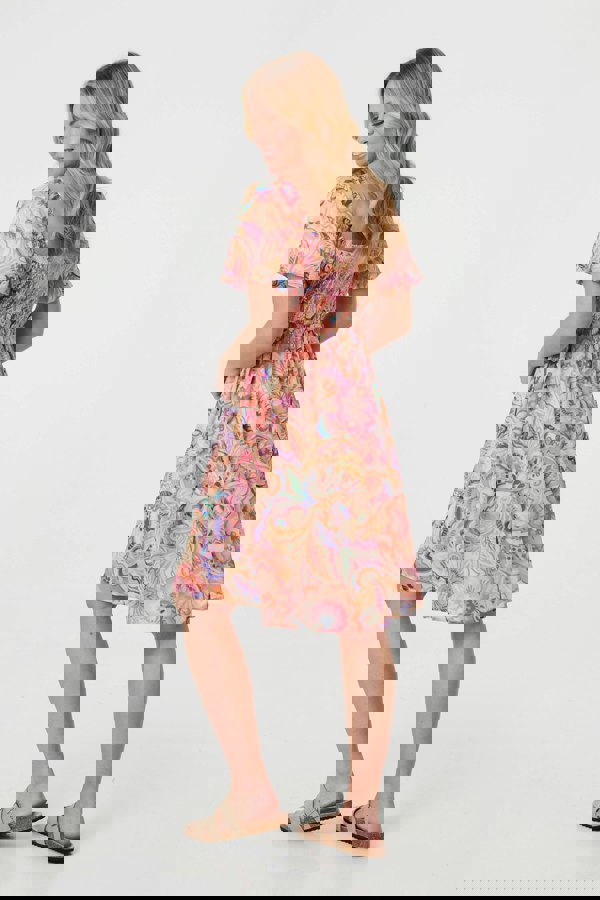 Orange | Abstract Ruched Empire Knee Length Dress
